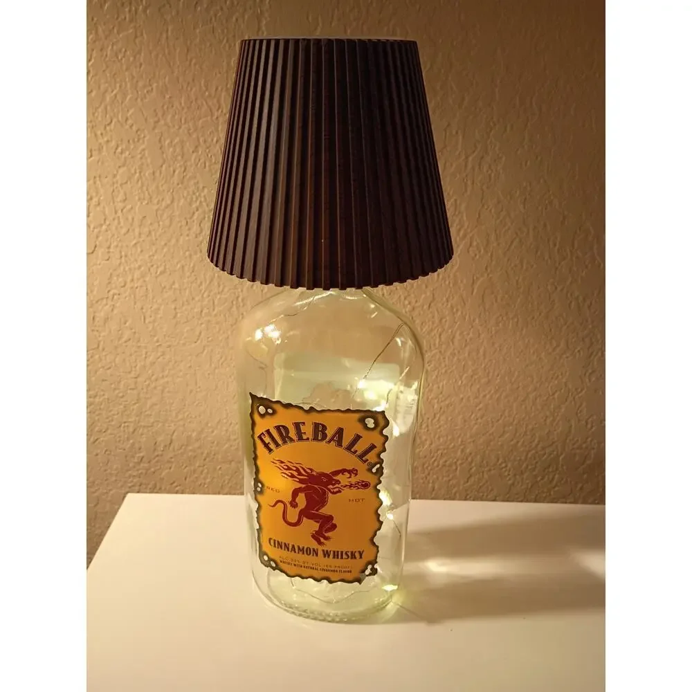 Fireball Glass Bottle Table Lamp with Brown Cone Shade, Rechargeable